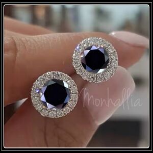 14K WHITE GOLD JET BLACK ONYX & SIMULATED DIAMOND HALO ROUND EARRINGS